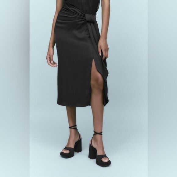 ZARA Knotted‎ Black Midi Skirt Bow Side Slit Silky Y2K 90s - Picture 1 of 8